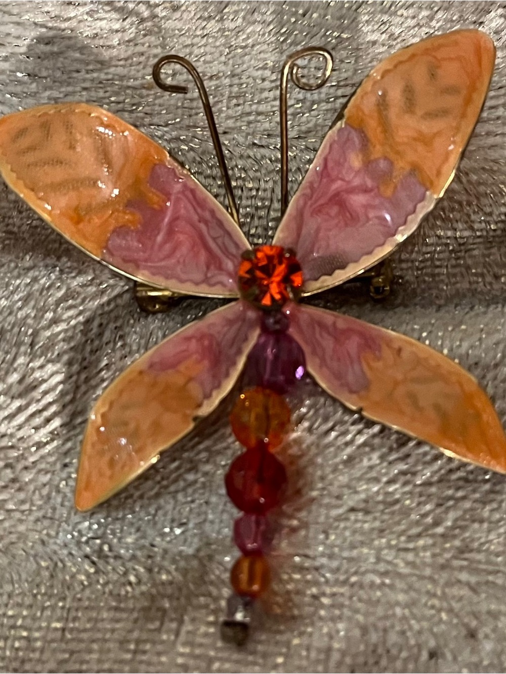 BRASS DRAGONFLY PIN BROOCH Brass & Pretty Faceted & Pronged Glass Stones Vintage